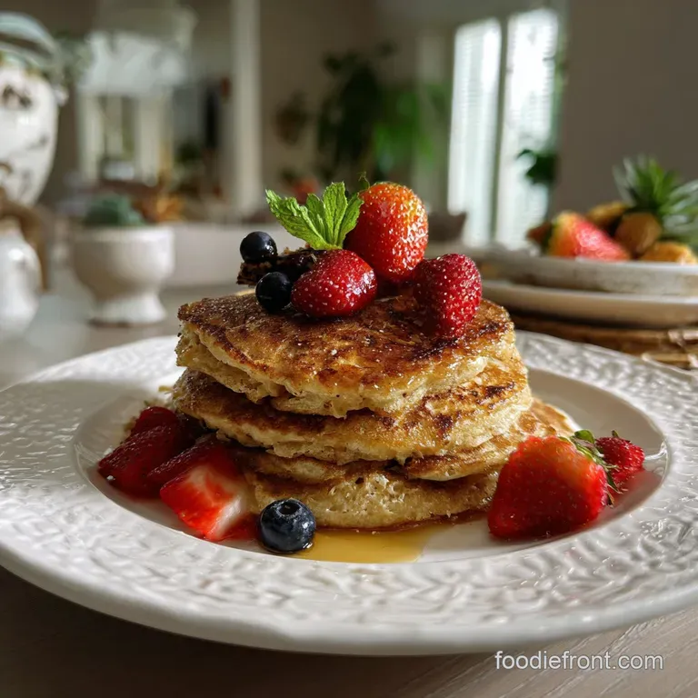 Elegant plate showcasing two thick pancakes, artfully arranged with fresh berries and a dusting of powdered sugar. Soft, l...