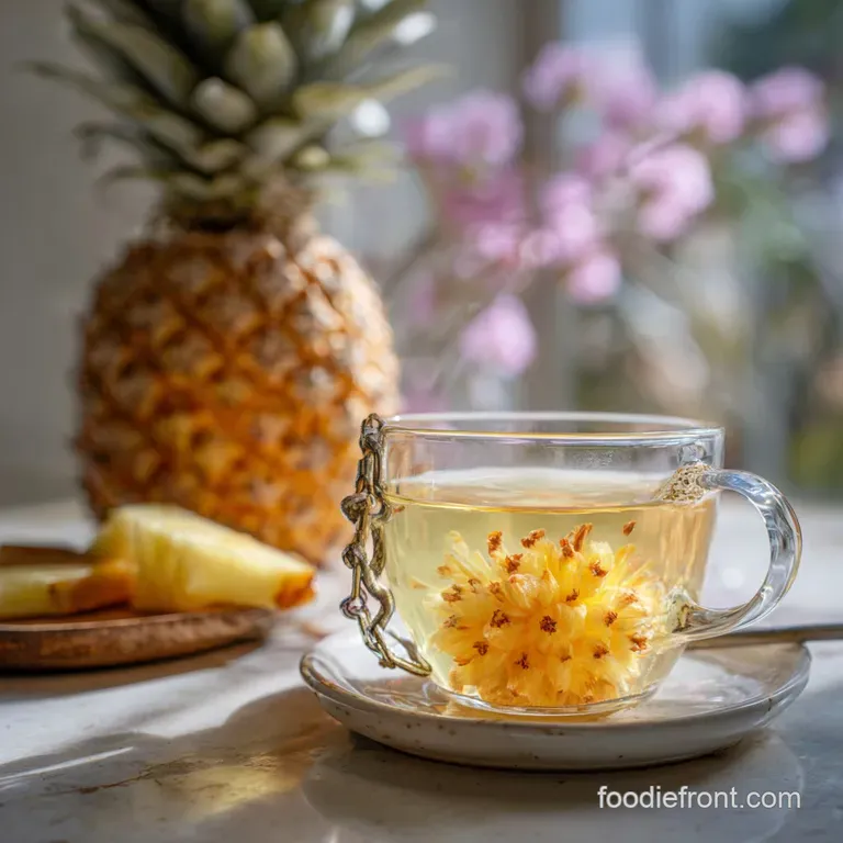 Elegant glass of golden pineapple tea with ice cubes, garnished with a pineapple wedge & mint sprig, on a bright, airy bac...