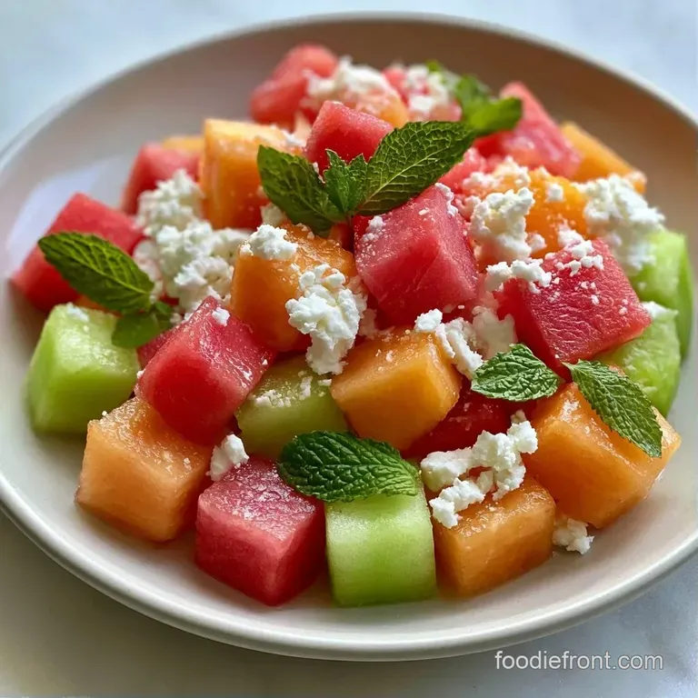 Colorful cubes of chilled melon arranged on a white platter, garnished with fresh mint and snowy white feta crumbs.